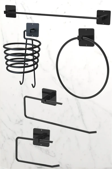 Egem Home Yapışkanlı Siyah 5'li Uzun Havlu Askısı Fön Askısı Tuvalet Kağıtlık Rulo Havluluk Banyo Seti ürün görseli