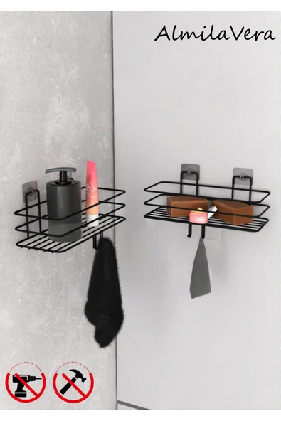Egem Home Siyah Güçlü Yapışkanlı Kancalı Banyo Rafı 2 Adet. - 1