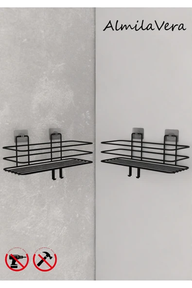 Egem Home Siyah Güçlü Yapışkanlı Kancalı Banyo Rafı 2 Adet. - 3