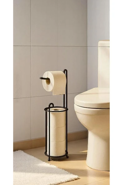 Egem Home Ayaklı Siyah Tuvalet Kağıtlığı Peçetelik Tutacağı, WC Kağıtlık Askısı Standı, 3 Yedekli Askılığı - 1