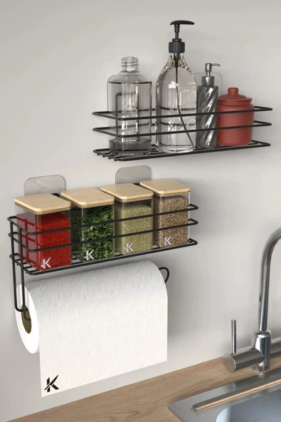 Egem Home Yapışkanlı Siyah Şampuanlık Baharatlık Kağıt Havluluk Mutfak Banyo Rafı 2'li Raf ürün görseli