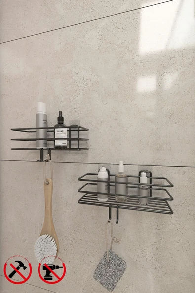 KapKacakAl Güçlü Yapışkanlı Metal Kancalı Siyah Banyo Rafı 2 adet ürün görseli