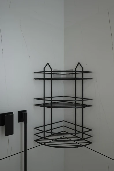 Egem Home Yapışkanlı Siyah Banyo Köşeliği 3 Katlı Köşe Rafı Şampuanlık Düzenleyici Raf - Resim 2