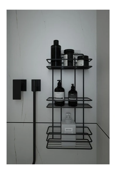 Egem Home Vidalı Ömür Boyu Paslanmaz Kancalı Vidalı Banyo Şampuanlığı 3 Raflı Düz Siyah ürün görseli