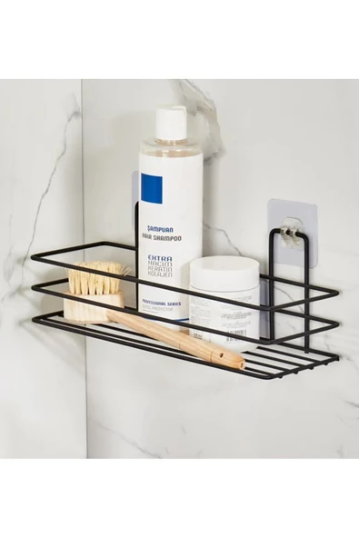 Egem Home Tekli Güçlü Magic Yapışkan Askılı Dikdörtgen Banyo Rafı Mat Siyah ürün görseli