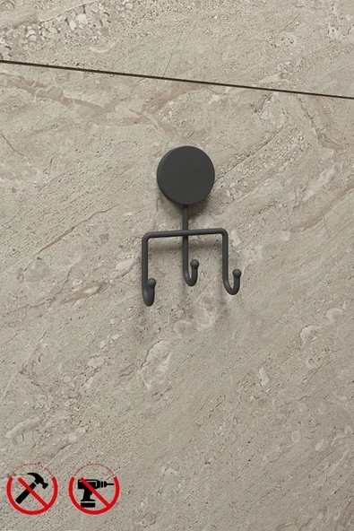 Egem Home Mat Siyah Üçlü Havlu Askısı Banyo ve Mutfak Askısı Yapışkanlı Veya Vidalı Montaj - Resim 2