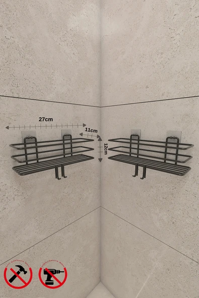 KapKacakAl Güçlü Yapışkanlı Metal Kancalı Siyah Banyo Rafı 2 adet - Resim 3