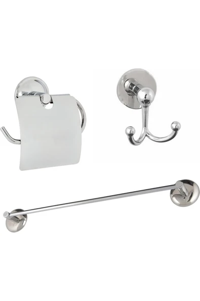 Egem Home Yapışkanlı Krom Üçlü Banyo Aksesuar Seti - Uzun Havluluk - Banyo Askısı - Kapaklı Tuvalet Kağıtlık - 1