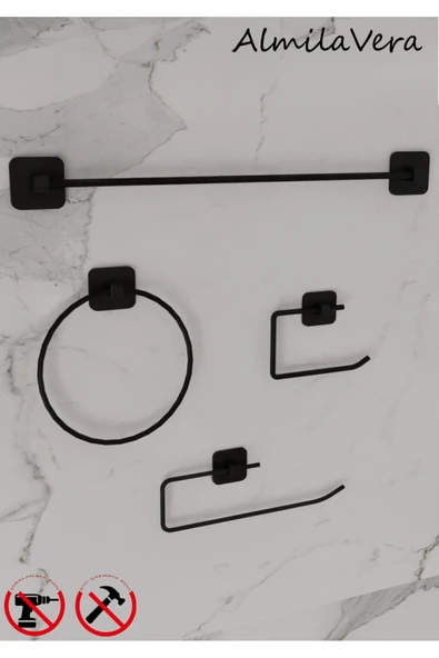 Egem Home Siyah Kare Uzun Havluluk Halka Havluluk Rulo Havluluk ve Tuvalet Kağıtlık Seti 4'lü Banyo Seti ürün görseli