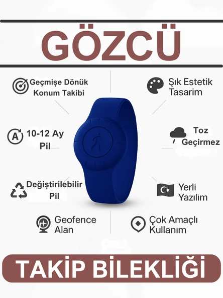 Gözcü Mobil Takip Bilekliği Android Ios Destekli Gps Konum Takibi Alzheimer Çocuk Yaşlı Geçmişe Dönük Takip Cihazı Saati Bileklik Mavi 23CM (5-10 Dakika Aralıklı Sinyal Alır) - 2
