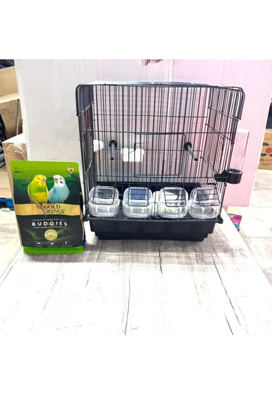 4 Yemlikli Siyah Kanarya Kafesi+Tül+Suluk+Mamalık+Gaga Taşı YEM HEDİYELİ