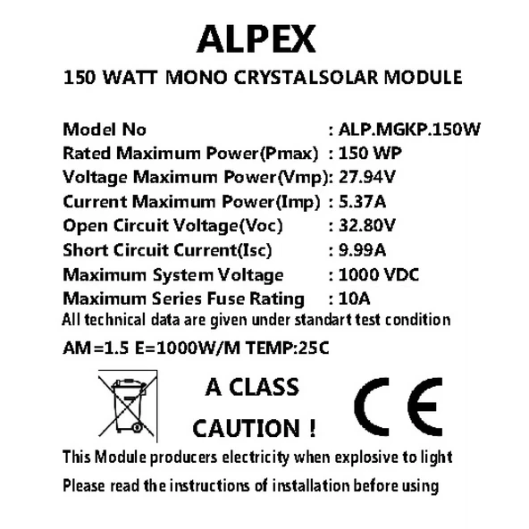 150 WATT MONOKRİSTAL GÜNEŞ PANELİ - Resim 2