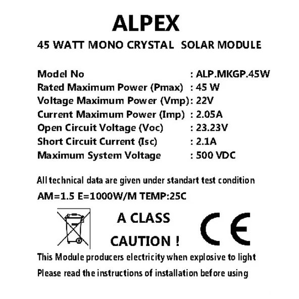 45 WATT MONOKRİSTAL GÜNEŞ PANELİ - Resim 2