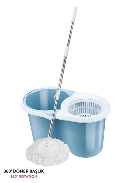 F139 Balerina Otomatik Sıkma Temizlik Seti, Döner Başlıklı Mikrofiber Temizlik Mop Seti Mavi - Resim 4