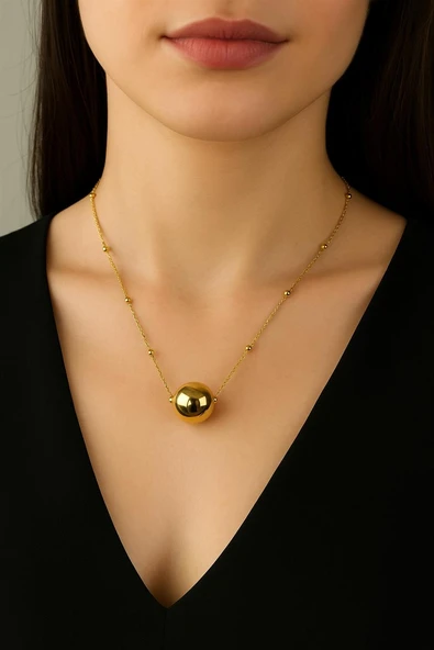 Altın Renk Top Zincir Kadın Küre Uçlu Minimal Zincir Çelik Kolye ürün görseli 1