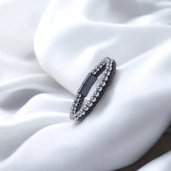 Hematit Doğaltaş Deri Erkek Bileklik 31832B7D9 - Resim 4