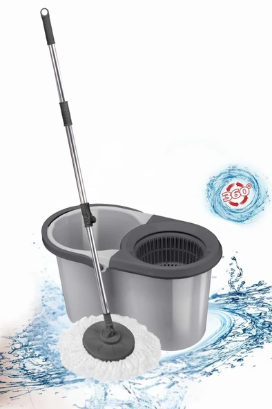 F139 Balerina Otomatik Sıkma Temizlik Seti, Döner Başlıklı Mikrofiber Temizlik Mop Seti Gri ürün görseli 1