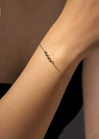 925 Ayar Gümüş Mavi Taşlı Minimal Kadın Gümüş Bileklik - Resim 2