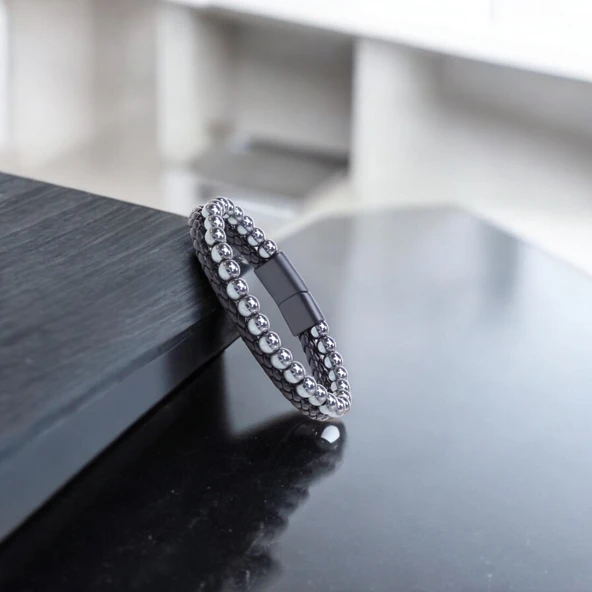 Hematit Doğaltaş Deri Erkek Bileklik 31832B7D9 - Resim 3