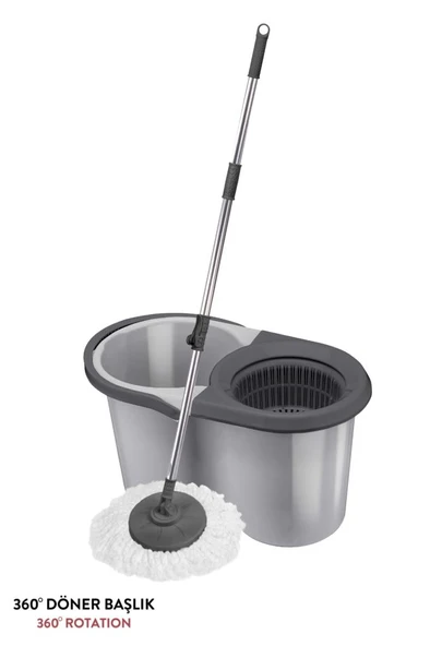 F139 Balerina Otomatik Sıkma Temizlik Seti, Döner Başlıklı Mikrofiber Temizlik Mop Seti Gri - Resim 4