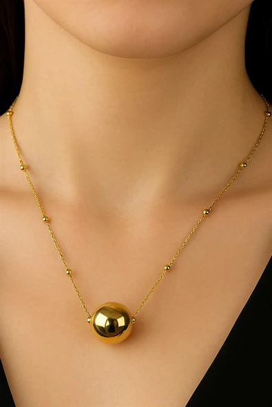 Altın Renk Top Zincir Kadın Küre Uçlu Minimal Zincir Çelik Kolye - Resim 2