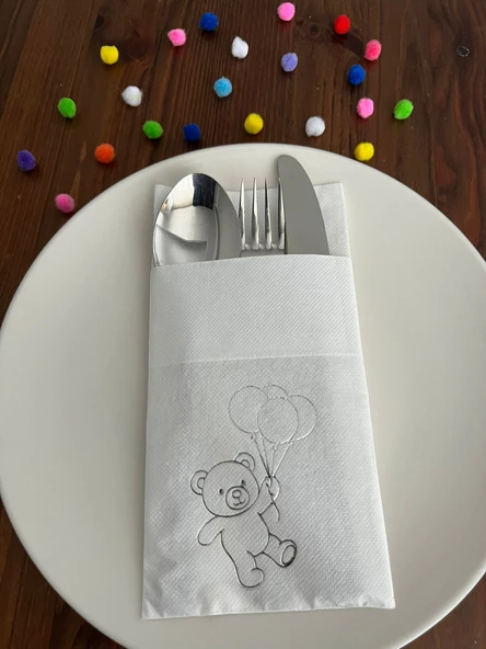 Beyaz Üzeri Gümüş Yaldızlı Sevimli Ayı Baskılı Kanguru Cepli Peçete 12 Adet ürün görseli