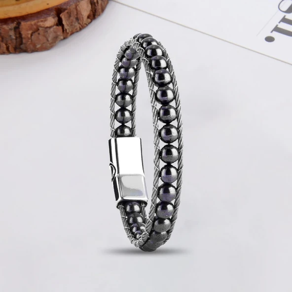 Hematit Doğaltaş Ve Çelik Halat Örme Bileklik 31832B2DH2 - Resim 2