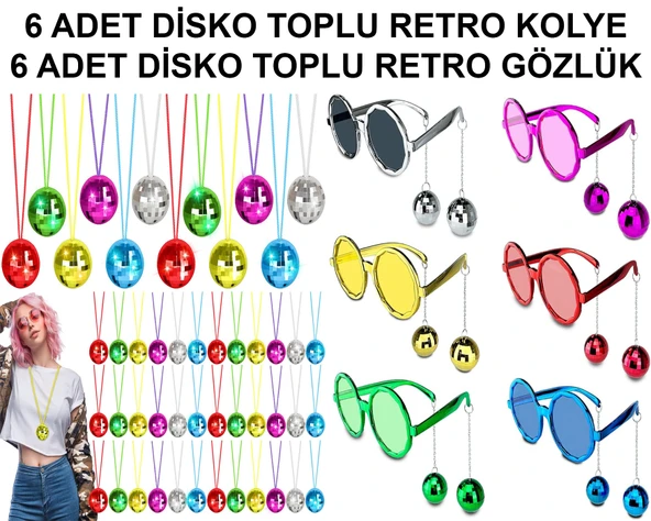 12 Parça Renkli Disko Toplu Retro Parti Seti - 6 Kolye + 6 Gözlük