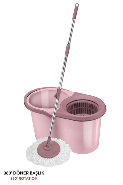 F139 Balerina Otomatik Sıkma Temizlik Seti, Döner Başlıklı Mikrofiber Temizlik Mop Seti Pembe - Resim 4