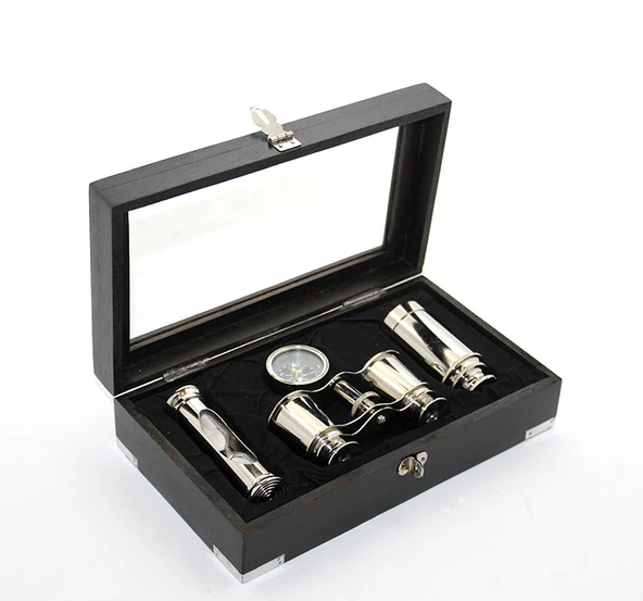 Ahşap Kutulu Pirinç Dürbün Pusula Ve Kum Saati Seti ürün görseli 1