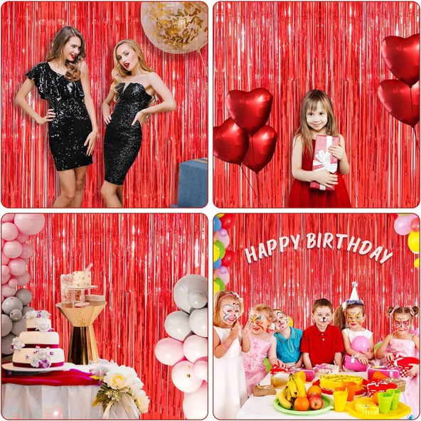 Kırmızı Metalize Parlak Saçaklı Perde - Resim 4