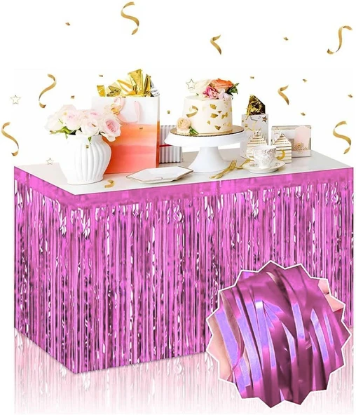 Kendinden Yapışkanlı Pembe Metalize Püsküllü Masa Eteği ürün görseli