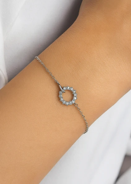 Pırlanta Model Dairesel Halkalı Zarif Kadın Gümüş Bileklik - 2