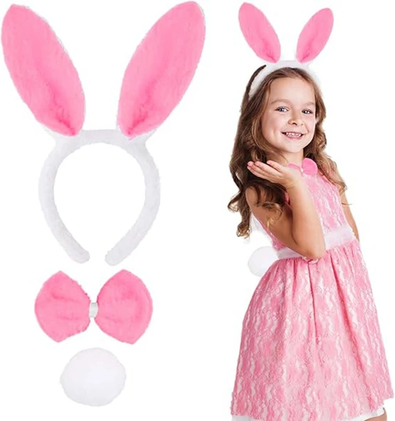 Pembe Tavşan Kostüm Seti - Taç, Papyon, Ponpon (12 li Paket) - 2