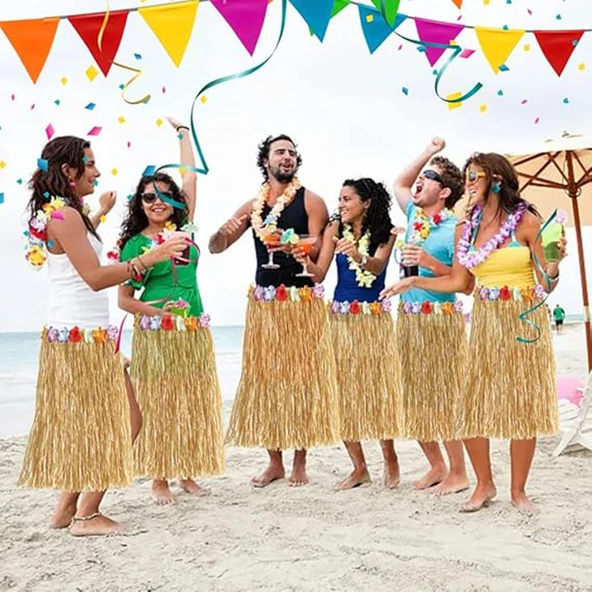 Hawaii Tarzı Hula Eteği - 60 cm Hasır Natural Etek - Resim 5