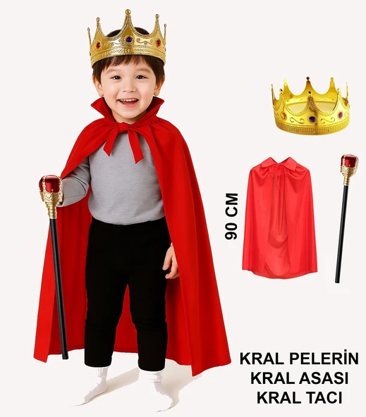 Çocuk Kral Kostüm Seti - Kırmızı Pelerin, Taç ve Asa (90 cm) - 1