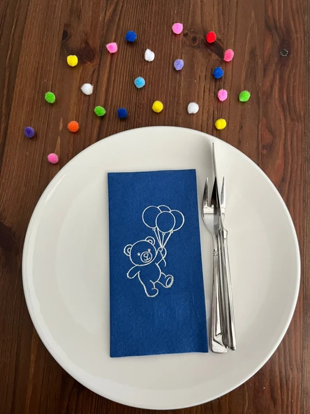 Gümüş Yaldızlı Bodrum Mavisi Sevimli Ayı Baskılı Garson Katlama Peçete 16 Adet ürün görseli 1