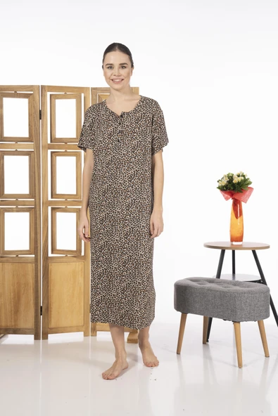 Estiva 23239-5 Üstten Düğmeli Yarım Kollu Desenli Likra Viskon Günlük Elbise - 2