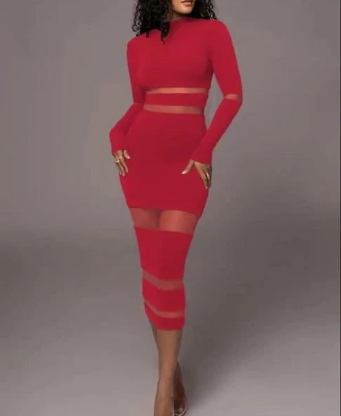 Kadın şerit Transparan Detay Fırsat ürün Midi Boy Elbise ürün görseli