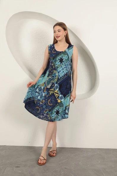 Viskon Kumaş Etnik Desenli Elbise-Saks ürün görseli