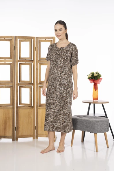 Estiva 23239-5 Üstten Düğmeli Yarım Kollu Desenli Likra Viskon Günlük Elbise - 5