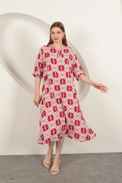 Viskon Kumaş Desenli Elbise-Kiremit ürün görseli