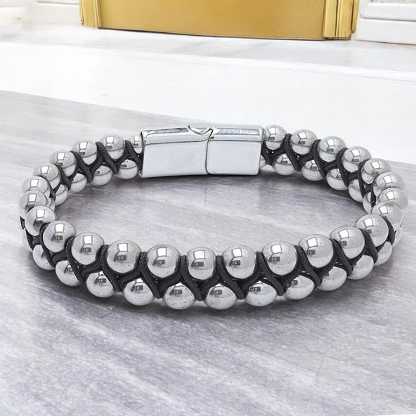 Hematit Ve Çelik Halatlı Erkek Bileklik 31832B18D1 - Resim 3