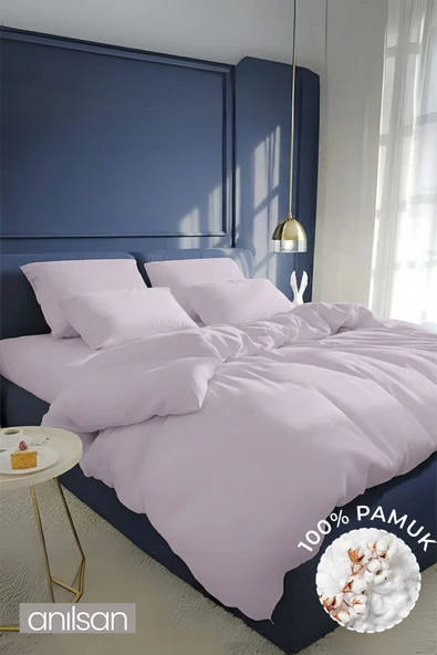 Düz Lila Çift Kişilik Lastikli Çarşaf Düğmeli Nevresim Takım %100 Pamuk 2 Adet Yastık Kılıf, 63tel