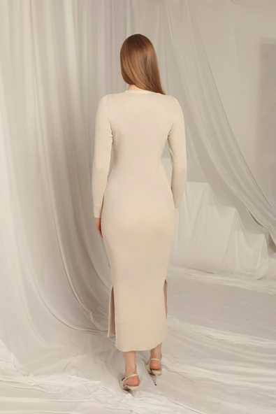 Triko Kumaş Düğmeli Kadın Taş Elbise - Resim 2