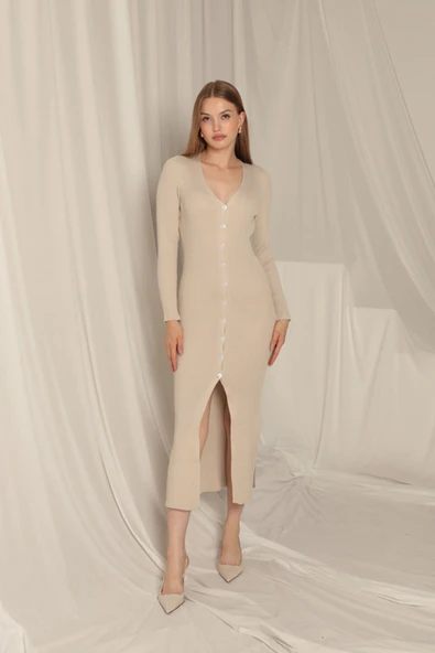 Triko Kumaş Düğmeli Kadın Taş Elbise ürün görseli