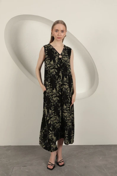 Viskon Kumaş Yaprak Desenli Elbise-Haki ürün görseli