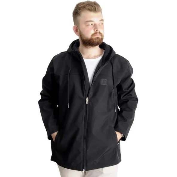 Büyük Beden Erkek Kapüşonlu Mont Waterproof Softshell 21235 Siyah
