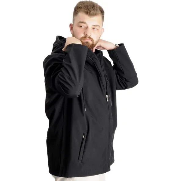 Büyük Beden Erkek Kapüşonlu Mont Waterproof Softshell 21235 Siyah - 2