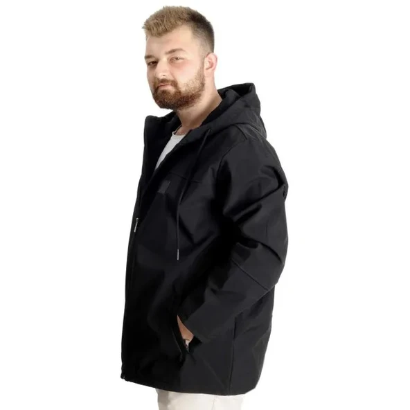 Büyük Beden Erkek Kapüşonlu Mont Waterproof Softshell 21235 Siyah - 3